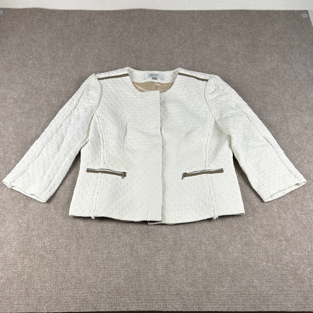 TAHARI Arthur S. Levine Cream‎ Tweed Career Snap Closure Women's Blazer Size 12